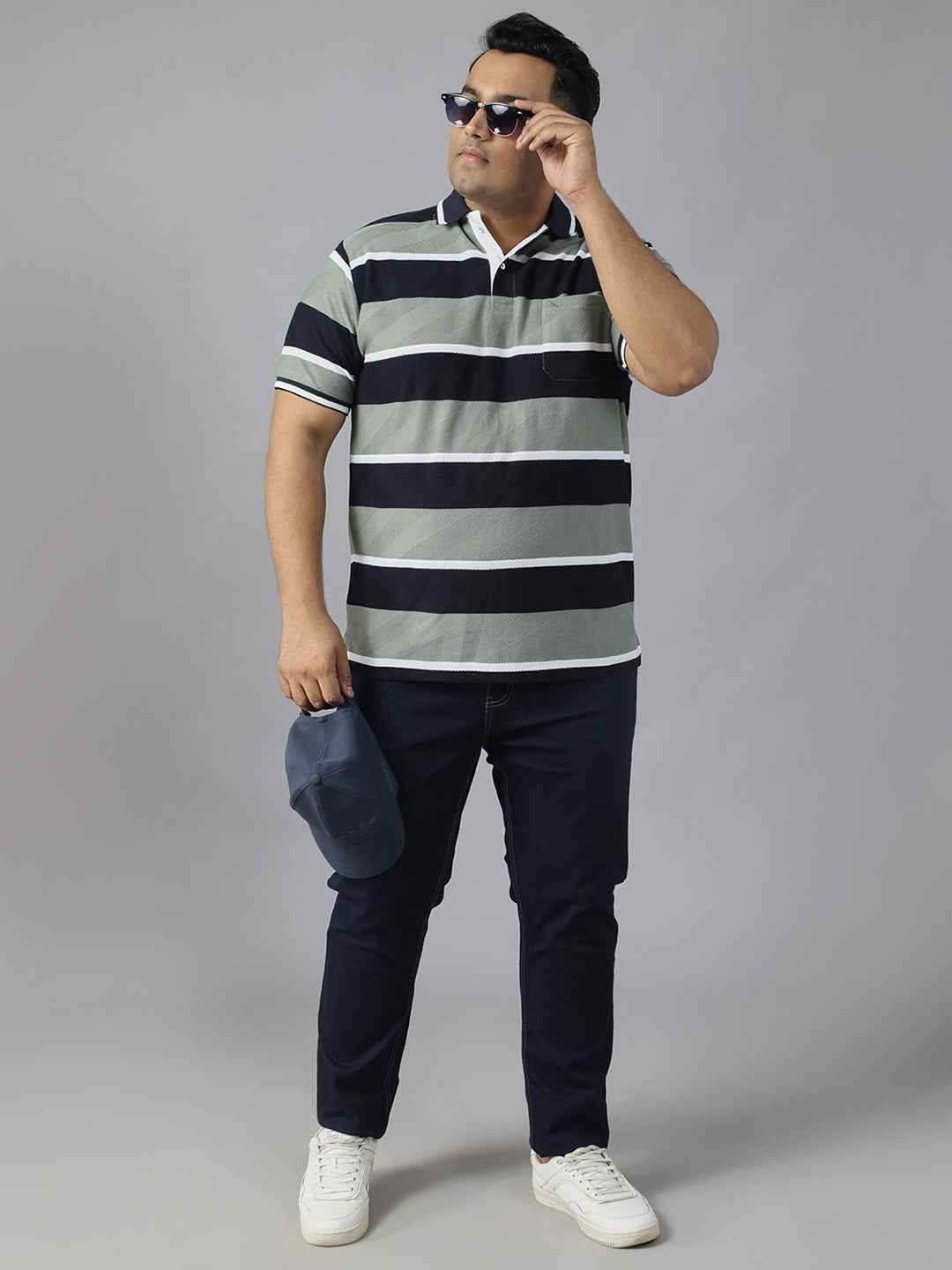 Men's Plus Size Polo T-shirt with Horizontal Stripes, Half Sleeves, and Pocket Detail