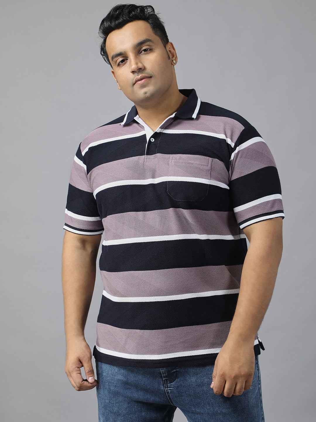 Men's Plus Size Polo T-shirt with Horizontal Stripes, Half Sleeves, and Pocket Detail
