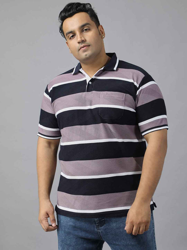 Men's Plus Size Polo T-shirt with Horizontal Stripes, Half Sleeves, and Pocket Detail