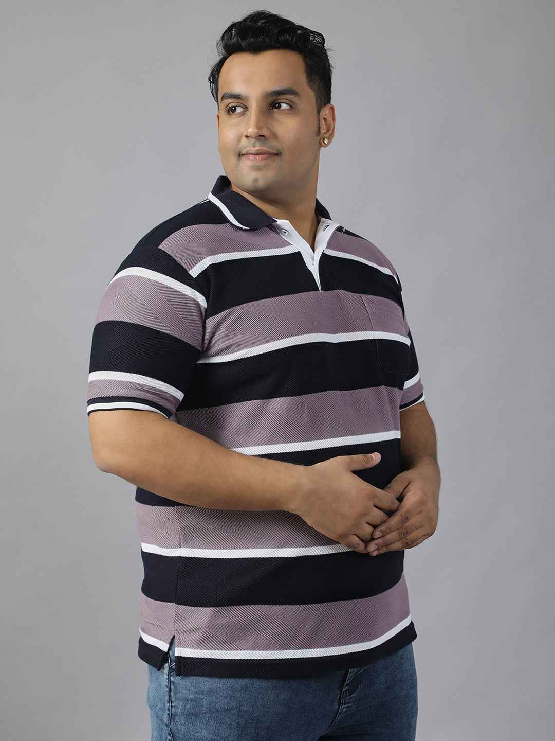 Men's Plus Size Polo T-shirt with Horizontal Stripes, Half Sleeves, and Pocket Detail