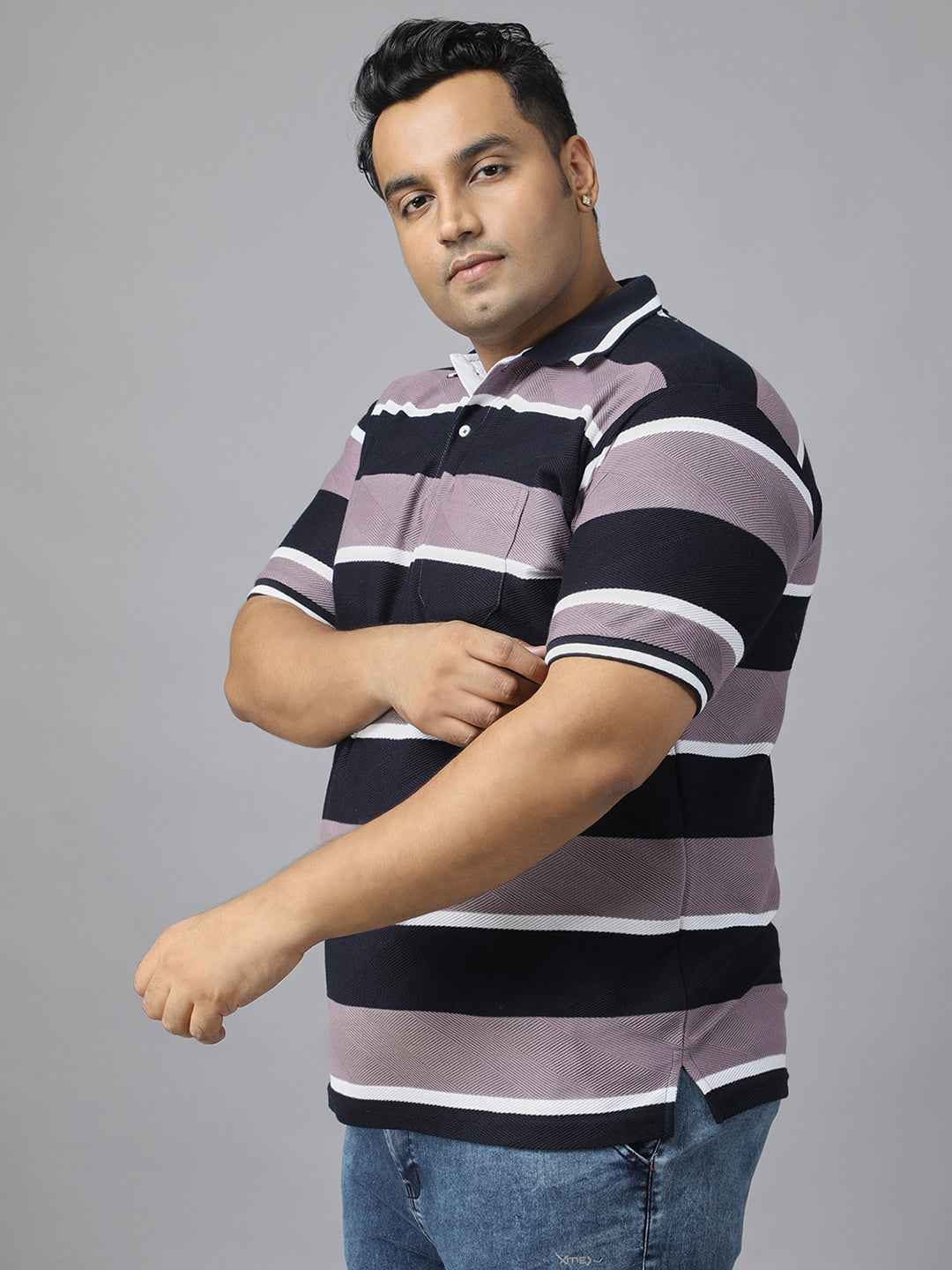 Men's Plus Size Polo T-shirt with Horizontal Stripes, Half Sleeves, and Pocket Detail