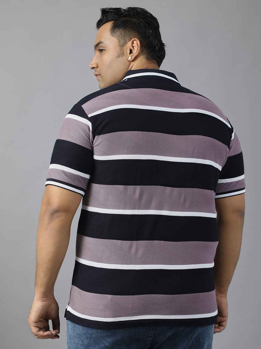 Men's Plus Size Polo T-shirt with Horizontal Stripes, Half Sleeves, and Pocket Detail