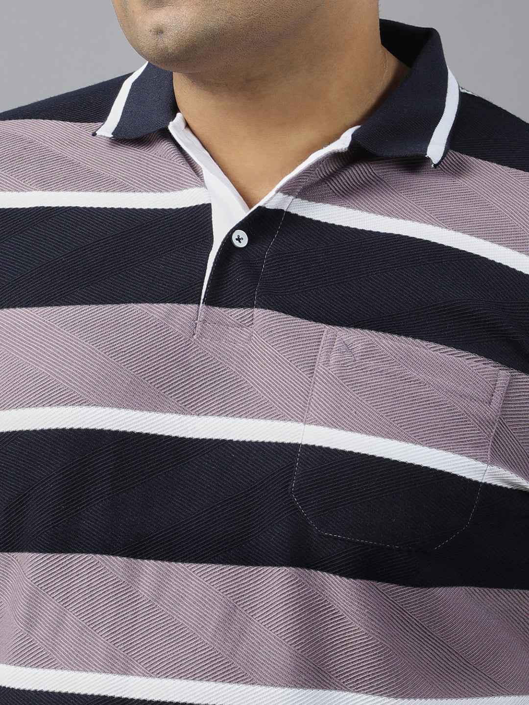 Men's Plus Size Polo T-shirt with Horizontal Stripes, Half Sleeves, and Pocket Detail