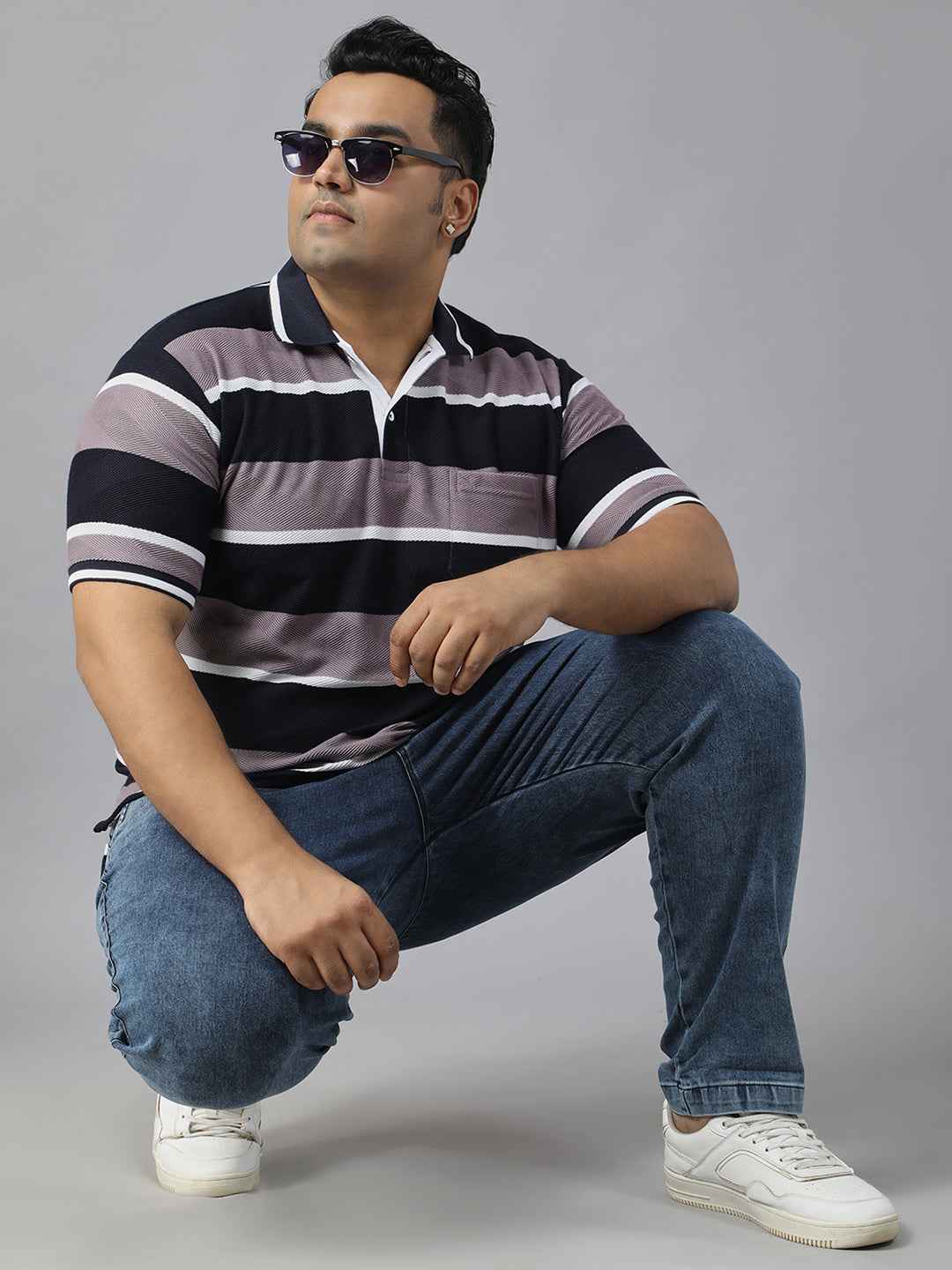 Men's Plus Size Polo T-shirt with Horizontal Stripes, Half Sleeves, and Pocket Detail