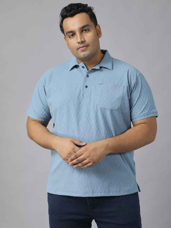 Men's Plus Size Jacquard Polo Neck T-Shirt with Metal Buttons and Pocket