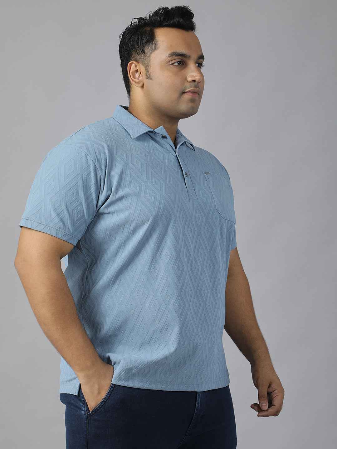 Men's Plus Size Jacquard Polo Neck T-Shirt with Metal Buttons and Pocket