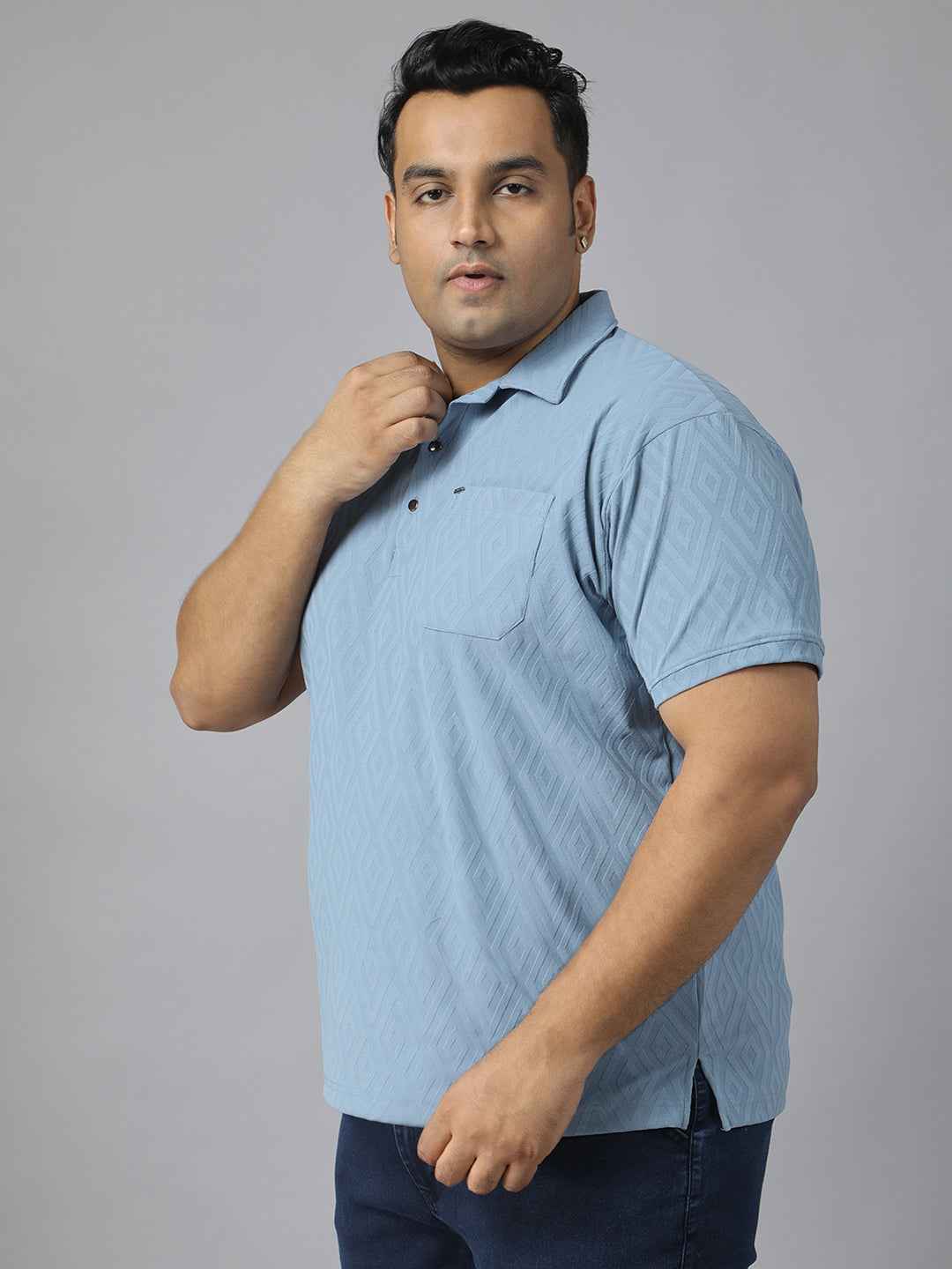 Men's Plus Size Jacquard Polo Neck T-Shirt with Metal Buttons and Pocket