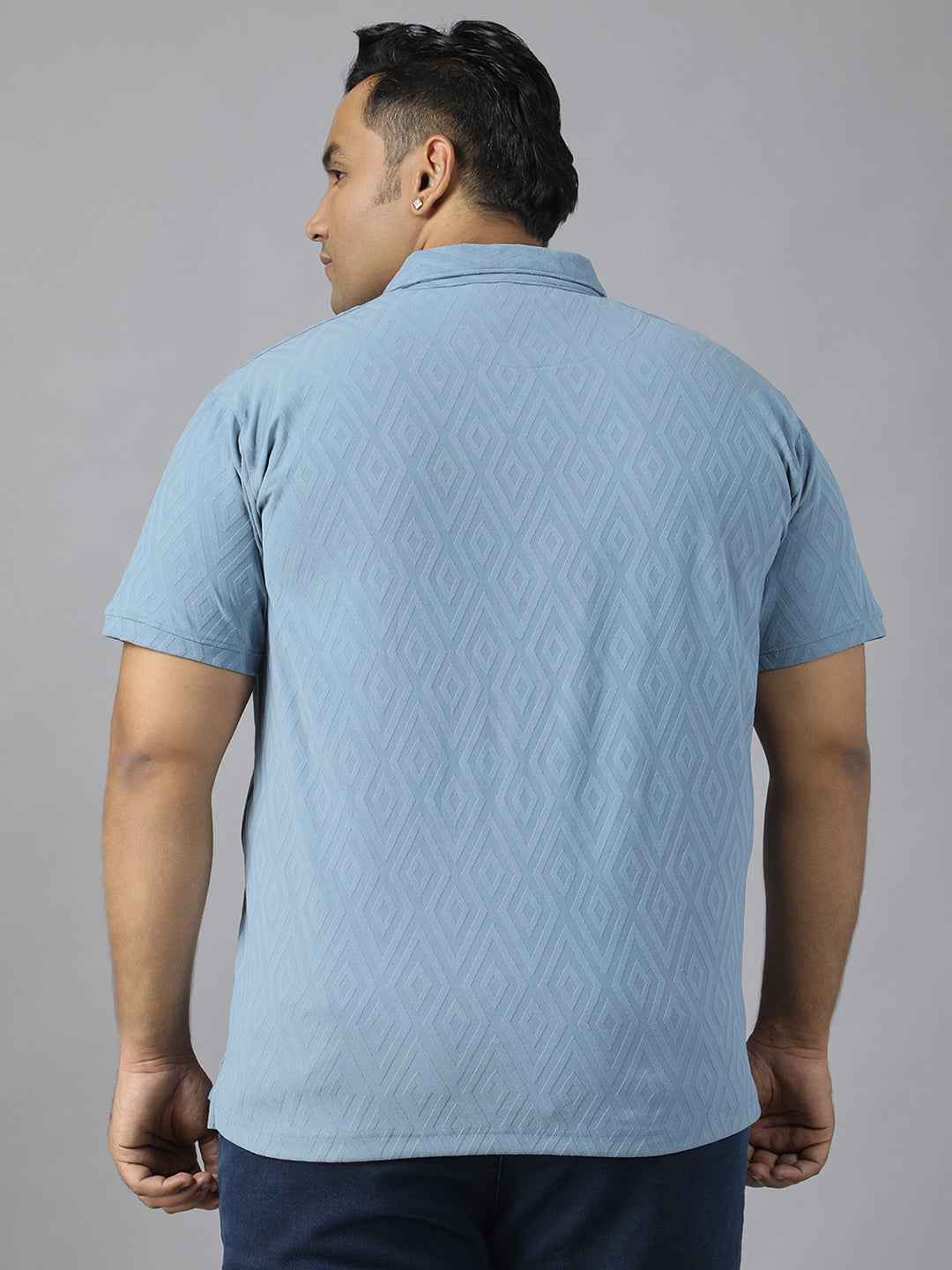 Men's Plus Size Jacquard Polo Neck T-Shirt with Metal Buttons and Pocket