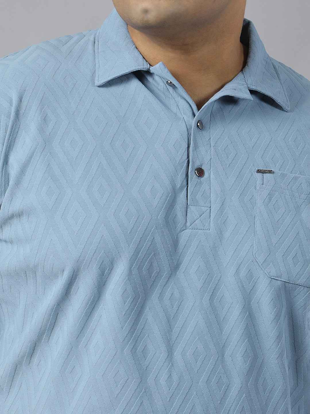 Men's Plus Size Jacquard Polo Neck T-Shirt with Metal Buttons and Pocket