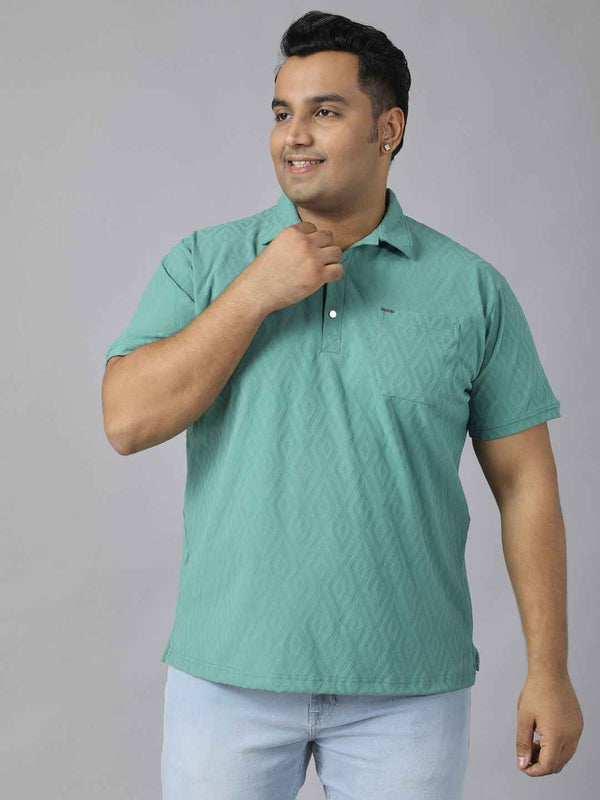 Men's Plus Size Jacquard Polo Neck T-Shirt with Metal Buttons and Pocket