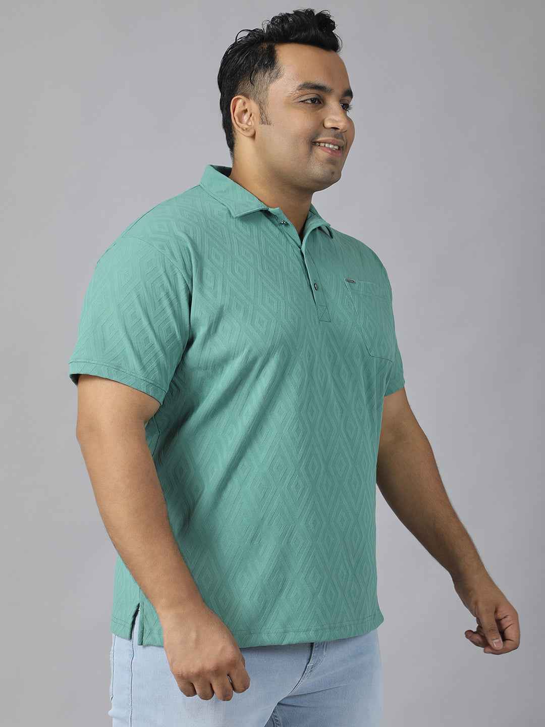 Men's Plus Size Jacquard Polo Neck T-Shirt with Metal Buttons and Pocket