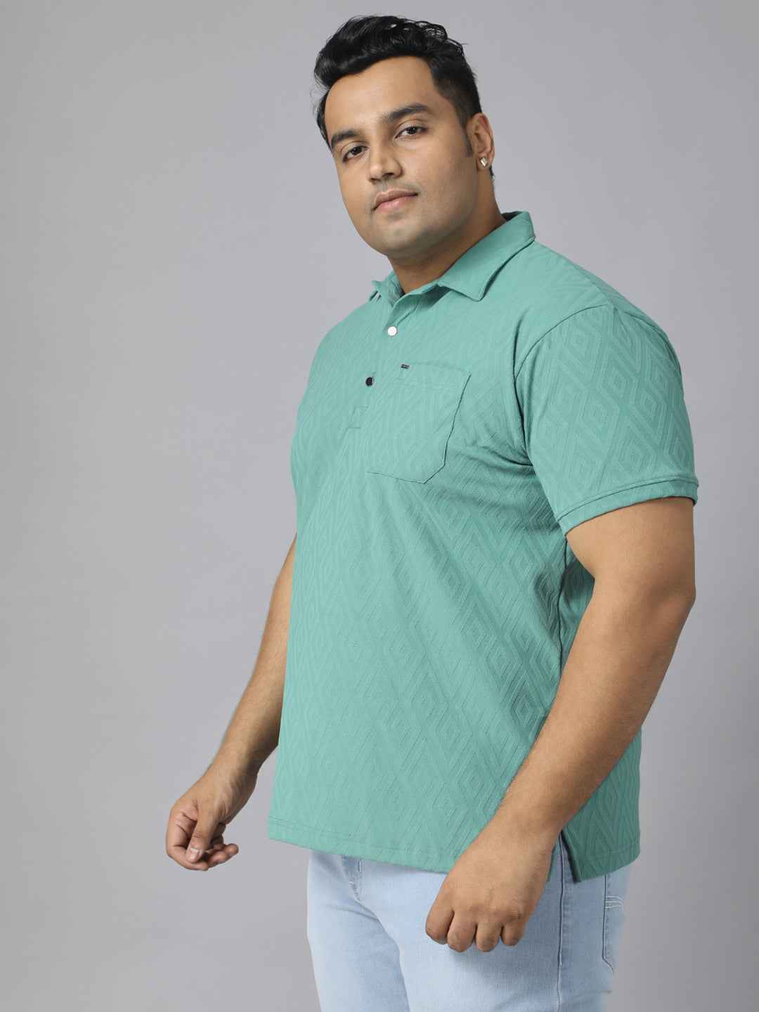 Men's Plus Size Jacquard Polo Neck T-Shirt with Metal Buttons and Pocket