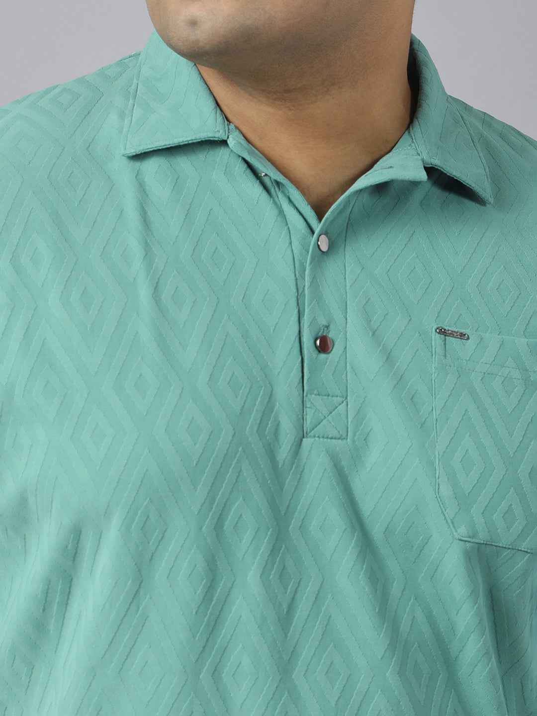 Men's Plus Size Jacquard Polo Neck T-Shirt with Metal Buttons and Pocket