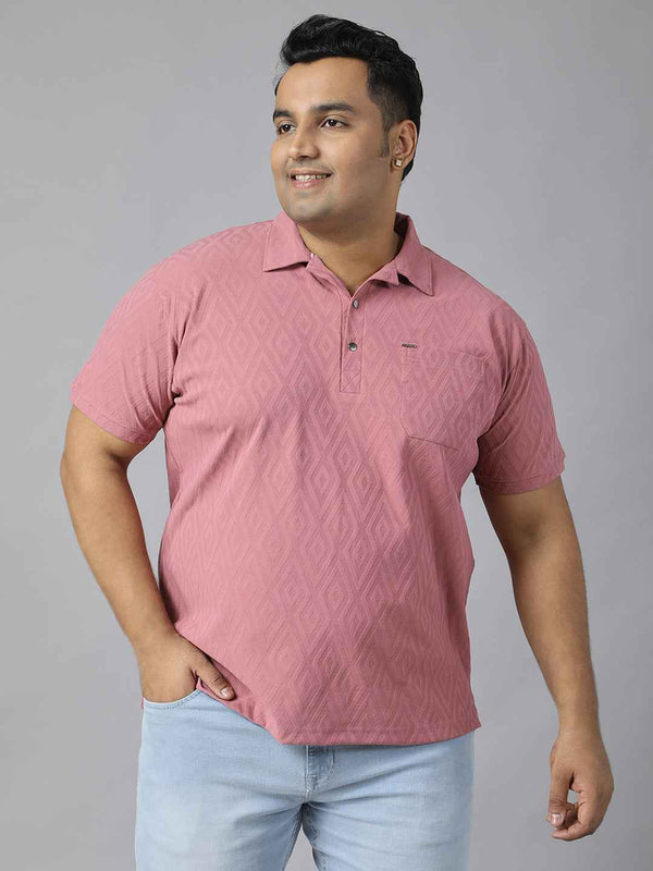 Men's Plus Size Jacquard Polo Neck T-Shirt with Metal Buttons and Pocket