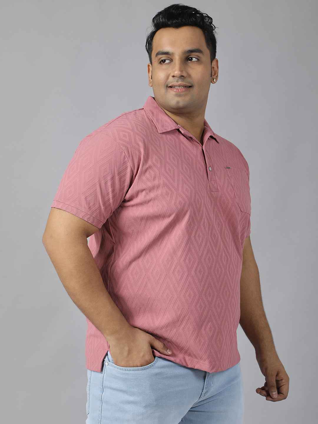 Men's Plus Size Jacquard Polo Neck T-Shirt with Metal Buttons and Pocket