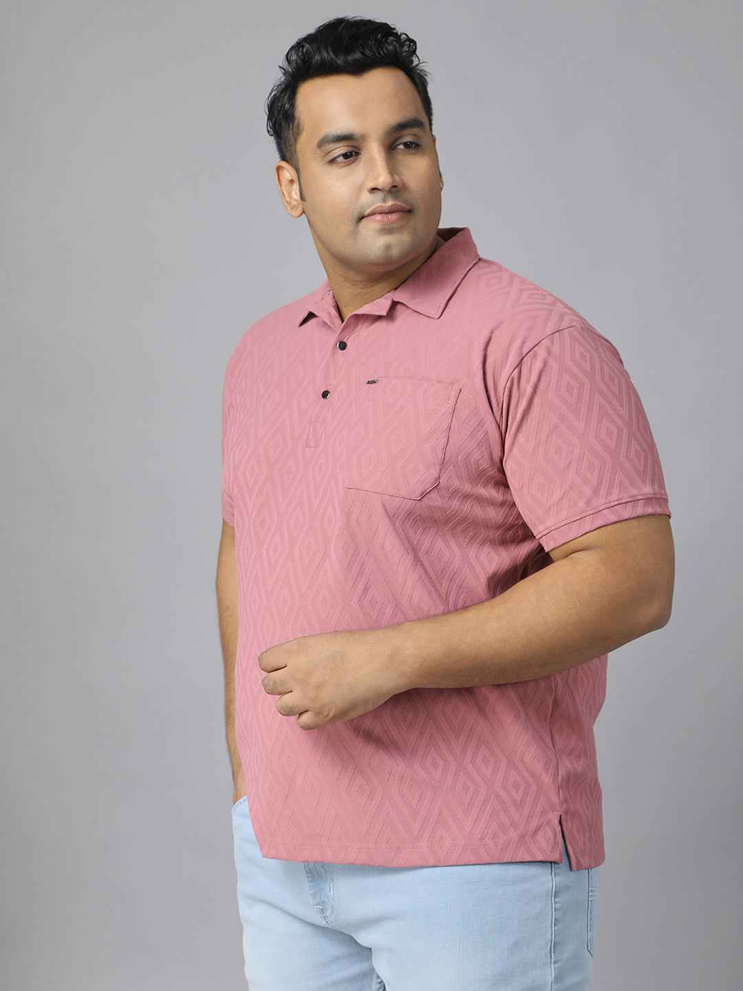 Men's Plus Size Jacquard Polo Neck T-Shirt with Metal Buttons and Pocket