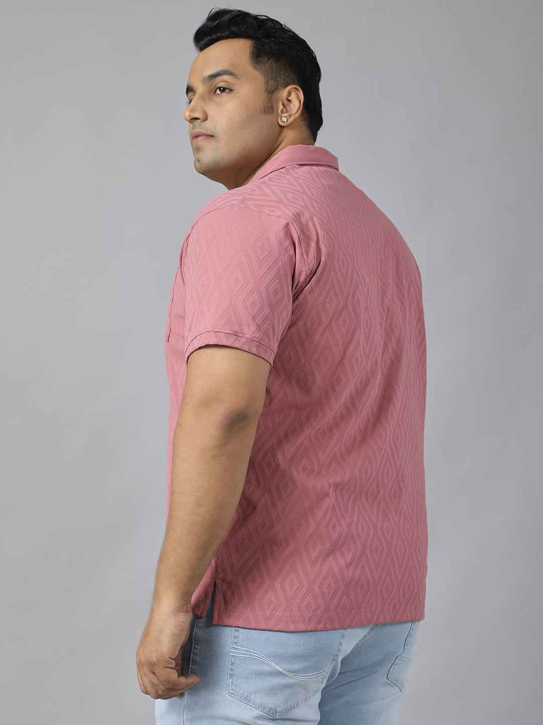 Men's Plus Size Jacquard Polo Neck T-Shirt with Metal Buttons and Pocket