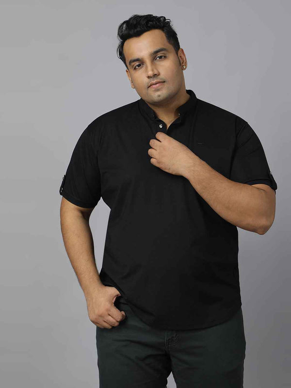 Men’s Plus Size Mandarin Collar T-Shirt with Sleeve Epaulettes & Button Placket