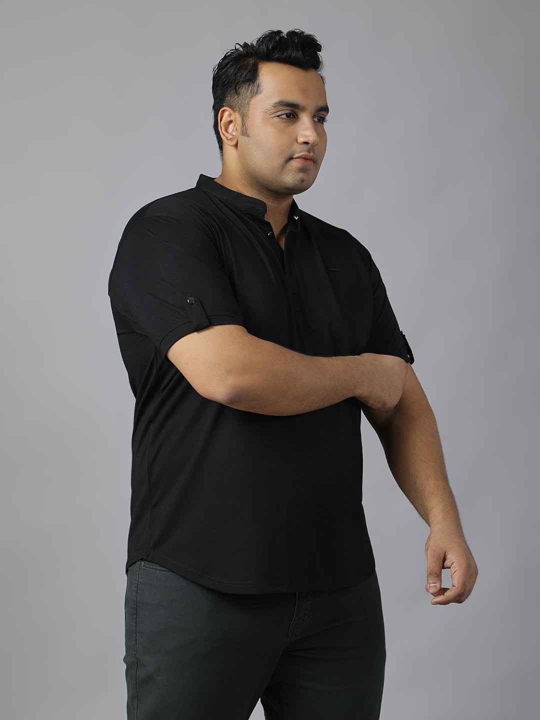 Men’s Plus Size Mandarin Collar T-Shirt with Sleeve Epaulettes & Button Placket