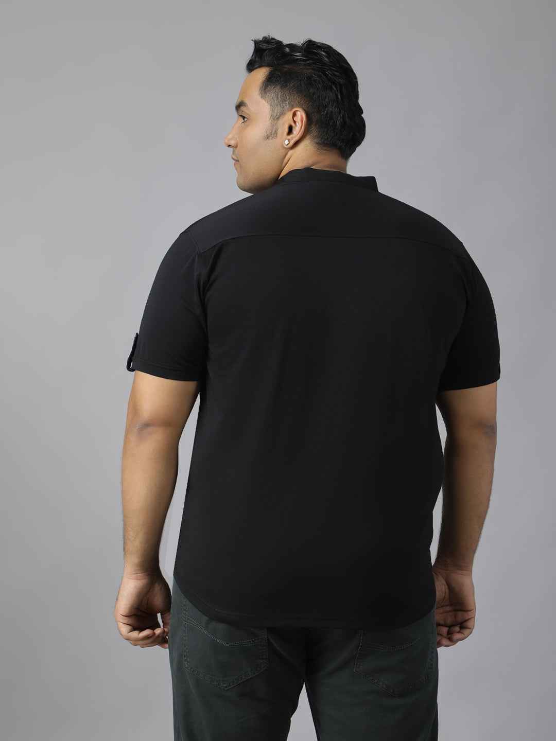 Men’s Plus Size Mandarin Collar T-Shirt with Sleeve Epaulettes & Button Placket