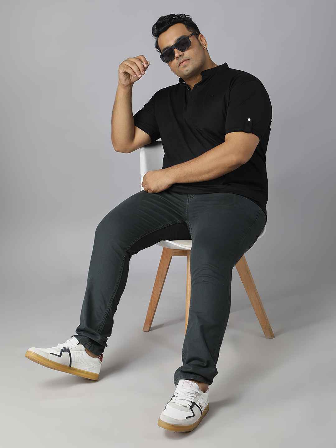 Men’s Plus Size Mandarin Collar T-Shirt with Sleeve Epaulettes & Button Placket