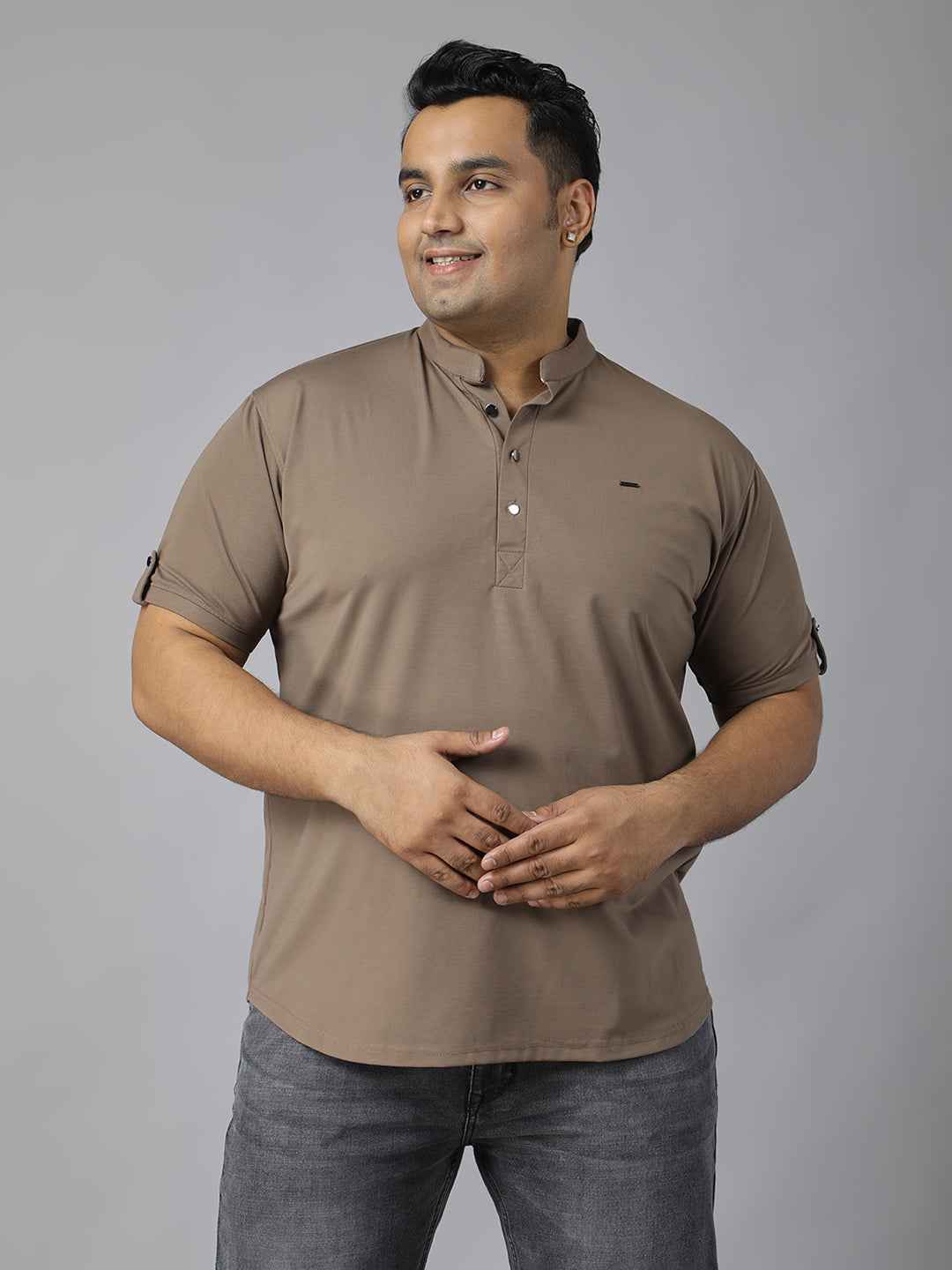 Men’s Plus Size Mandarin Collar T-Shirt with Sleeve Epaulettes & Button Placket