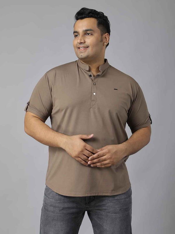 Men’s Plus Size Mandarin Collar T-Shirt with Sleeve Epaulettes & Button Placket