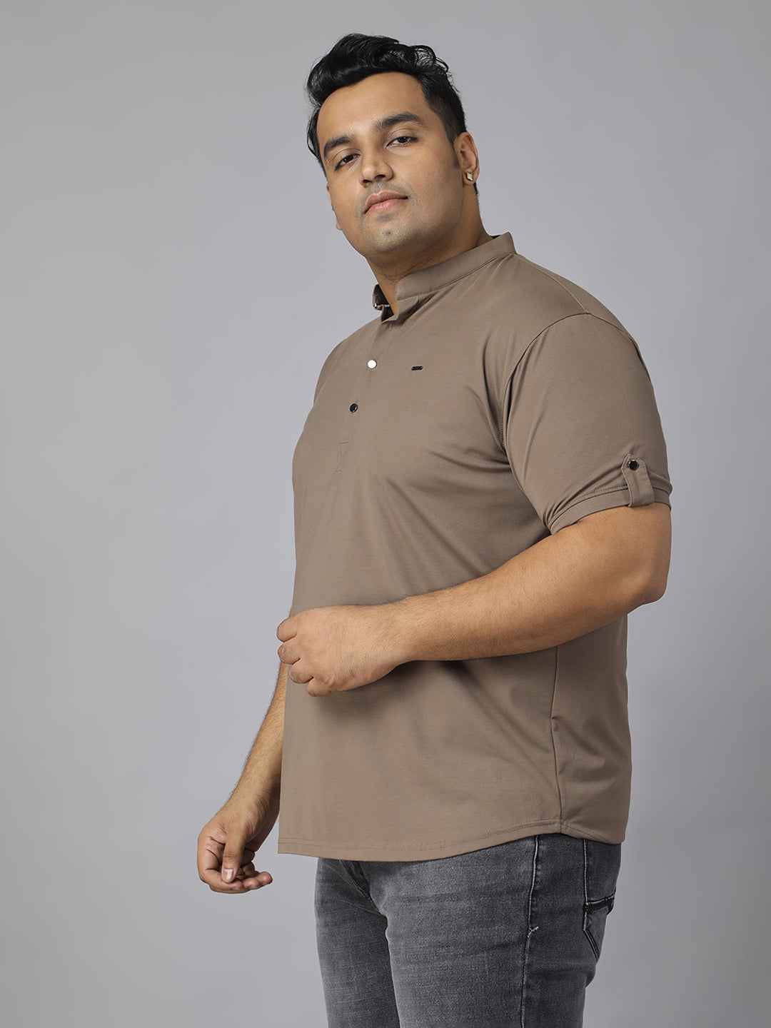 Men’s Plus Size Mandarin Collar T-Shirt with Sleeve Epaulettes & Button Placket