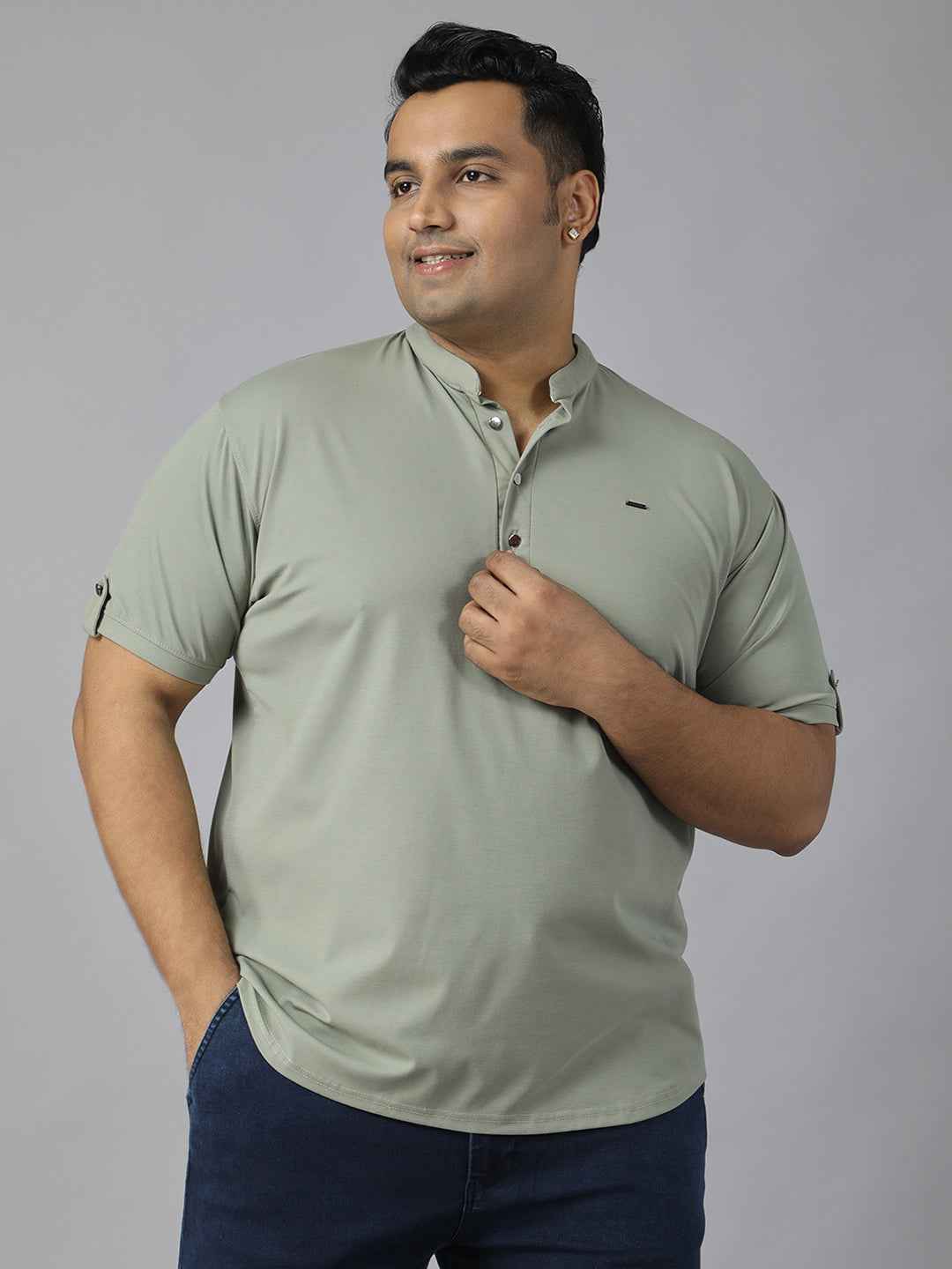 Men’s Plus Size Mandarin Collar T-Shirt with Sleeve Epaulettes & Button Placket