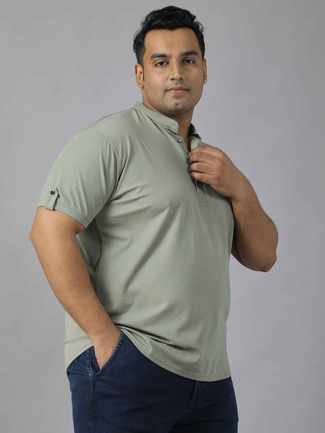 Men’s Plus Size Mandarin Collar T-Shirt with Sleeve Epaulettes & Button Placket