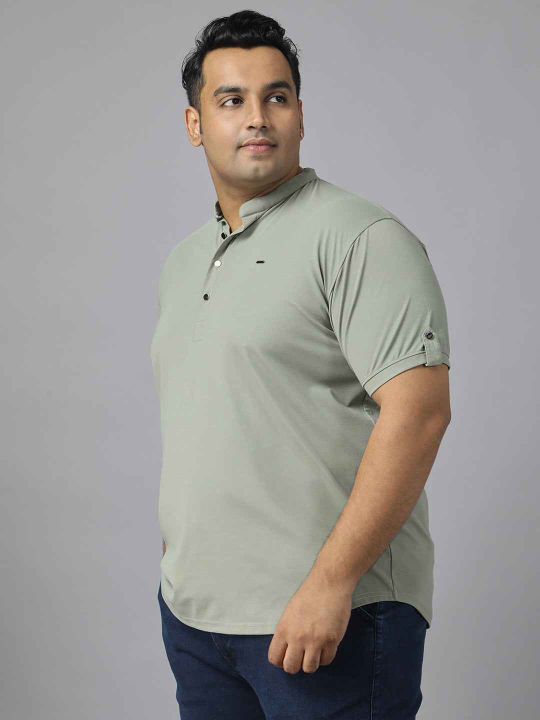 Men’s Plus Size Mandarin Collar T-Shirt with Sleeve Epaulettes & Button Placket