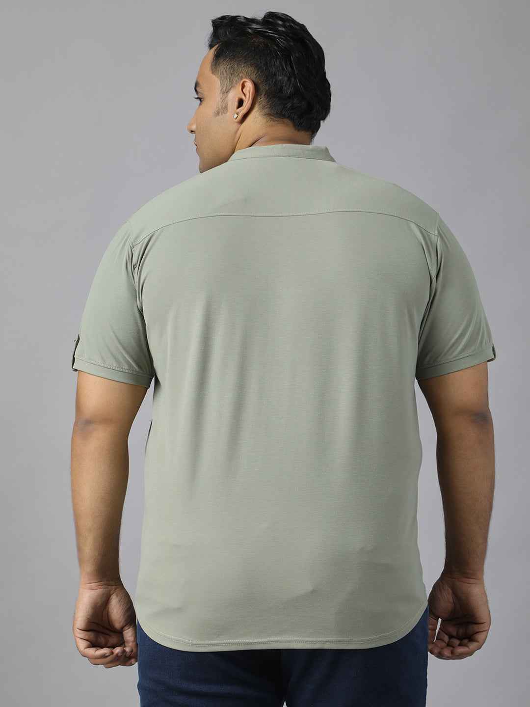 Men’s Plus Size Mandarin Collar T-Shirt with Sleeve Epaulettes & Button Placket