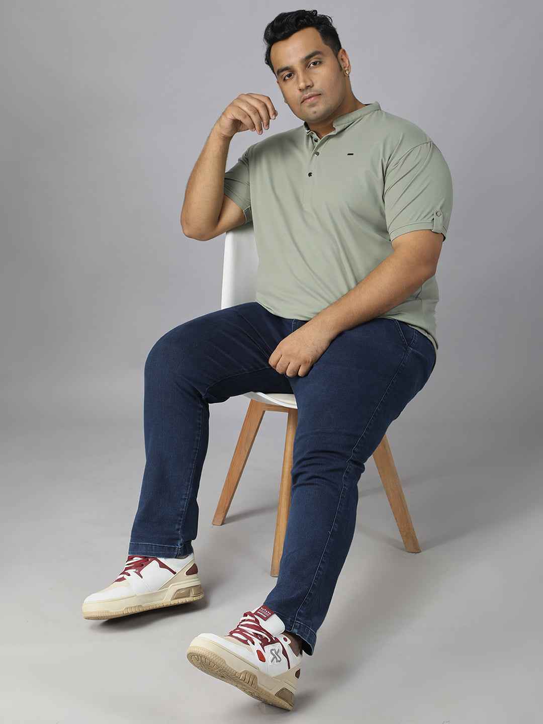 Men’s Plus Size Mandarin Collar T-Shirt with Sleeve Epaulettes & Button Placket