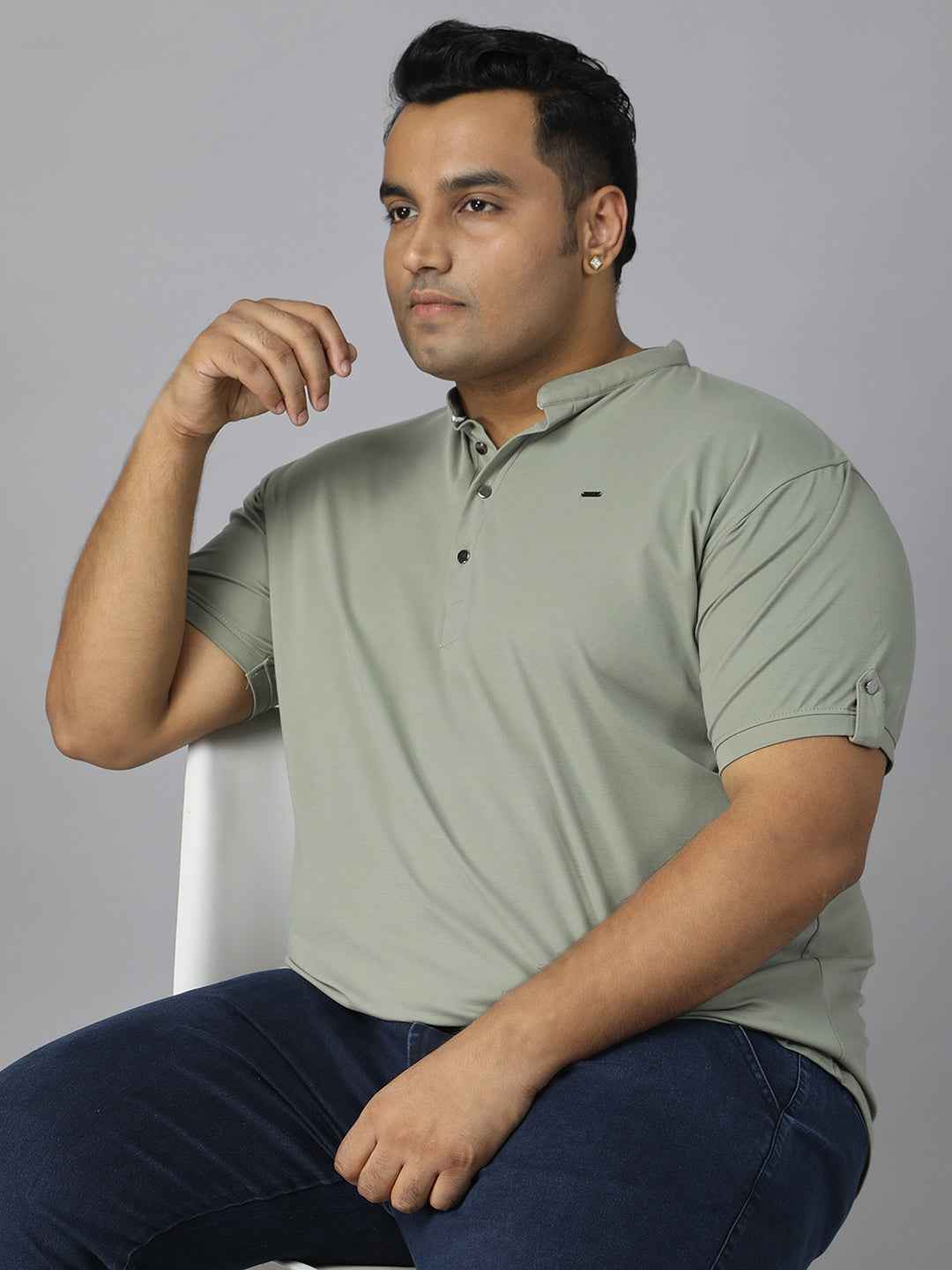 Men’s Plus Size Mandarin Collar T-Shirt with Sleeve Epaulettes & Button Placket