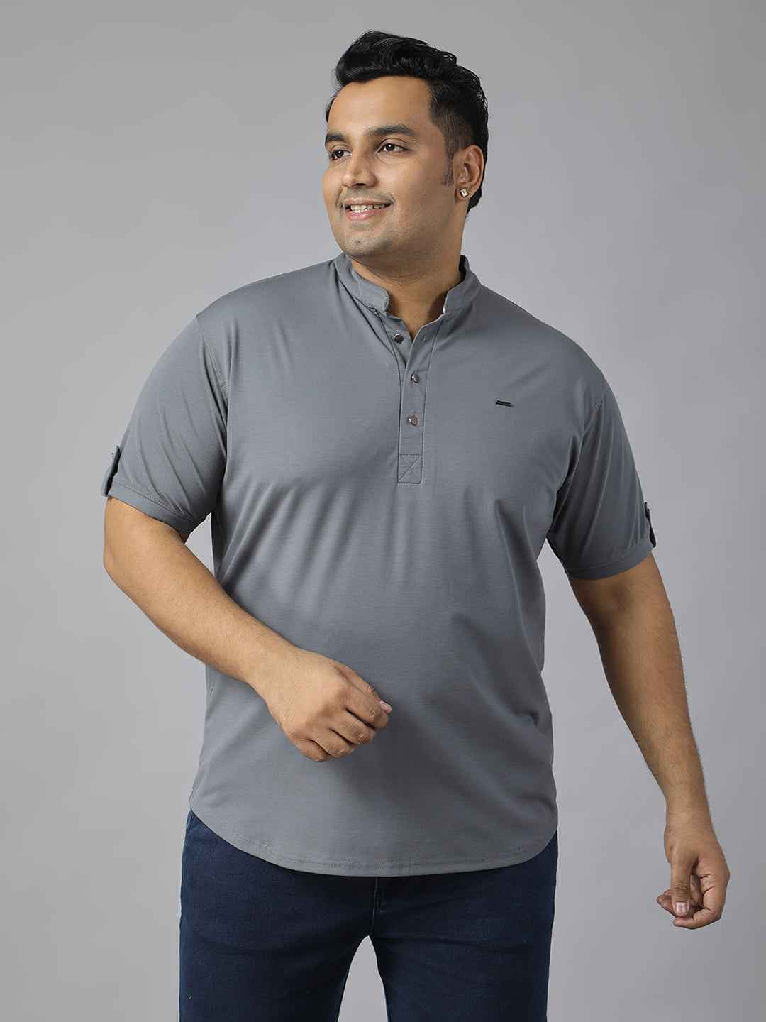 Men’s Plus Size Mandarin Collar T-Shirt with Sleeve Epaulettes & Button Placket