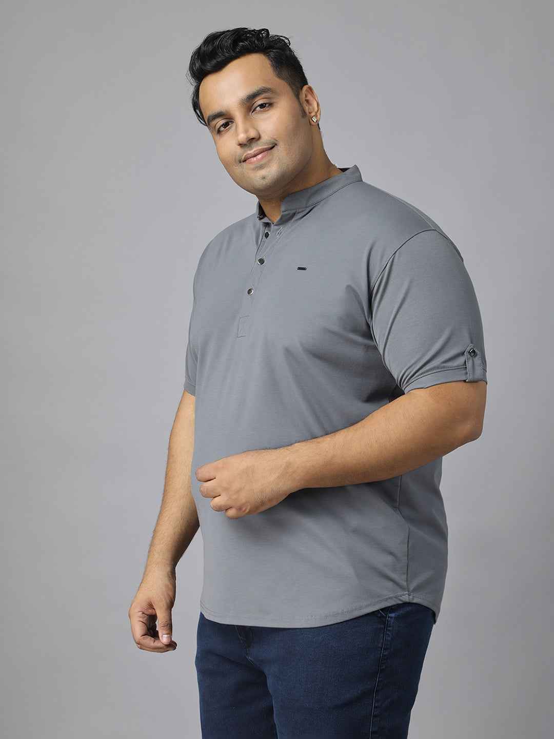 Men’s Plus Size Mandarin Collar T-Shirt with Sleeve Epaulettes & Button Placket