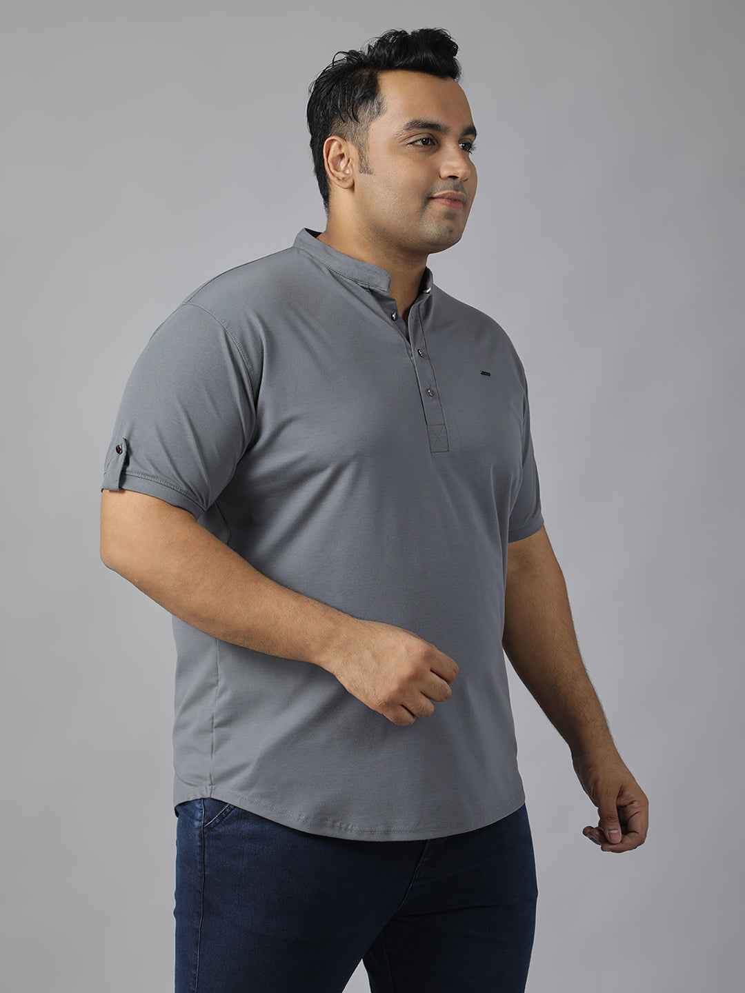 Men’s Plus Size Mandarin Collar T-Shirt with Sleeve Epaulettes & Button Placket
