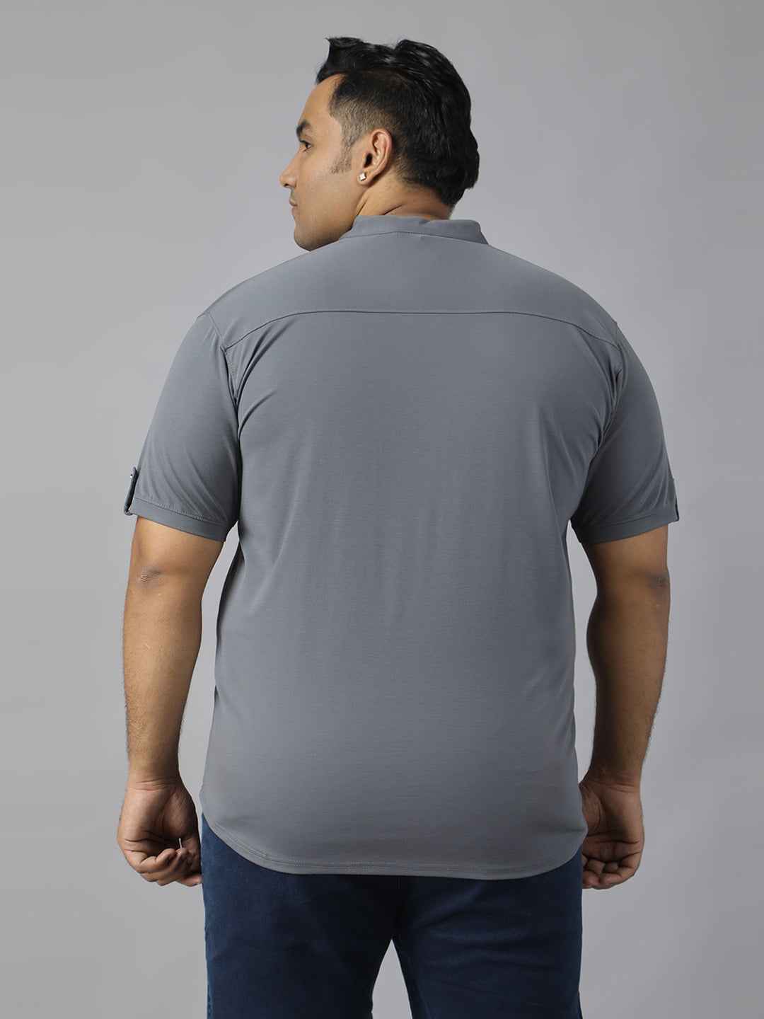 Men’s Plus Size Mandarin Collar T-Shirt with Sleeve Epaulettes & Button Placket