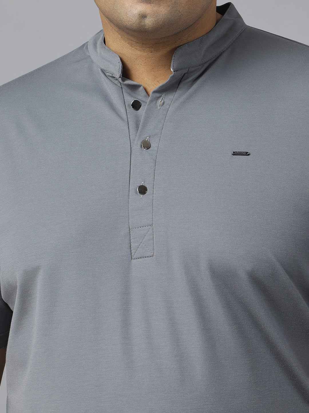 Men’s Plus Size Mandarin Collar T-Shirt with Sleeve Epaulettes & Button Placket