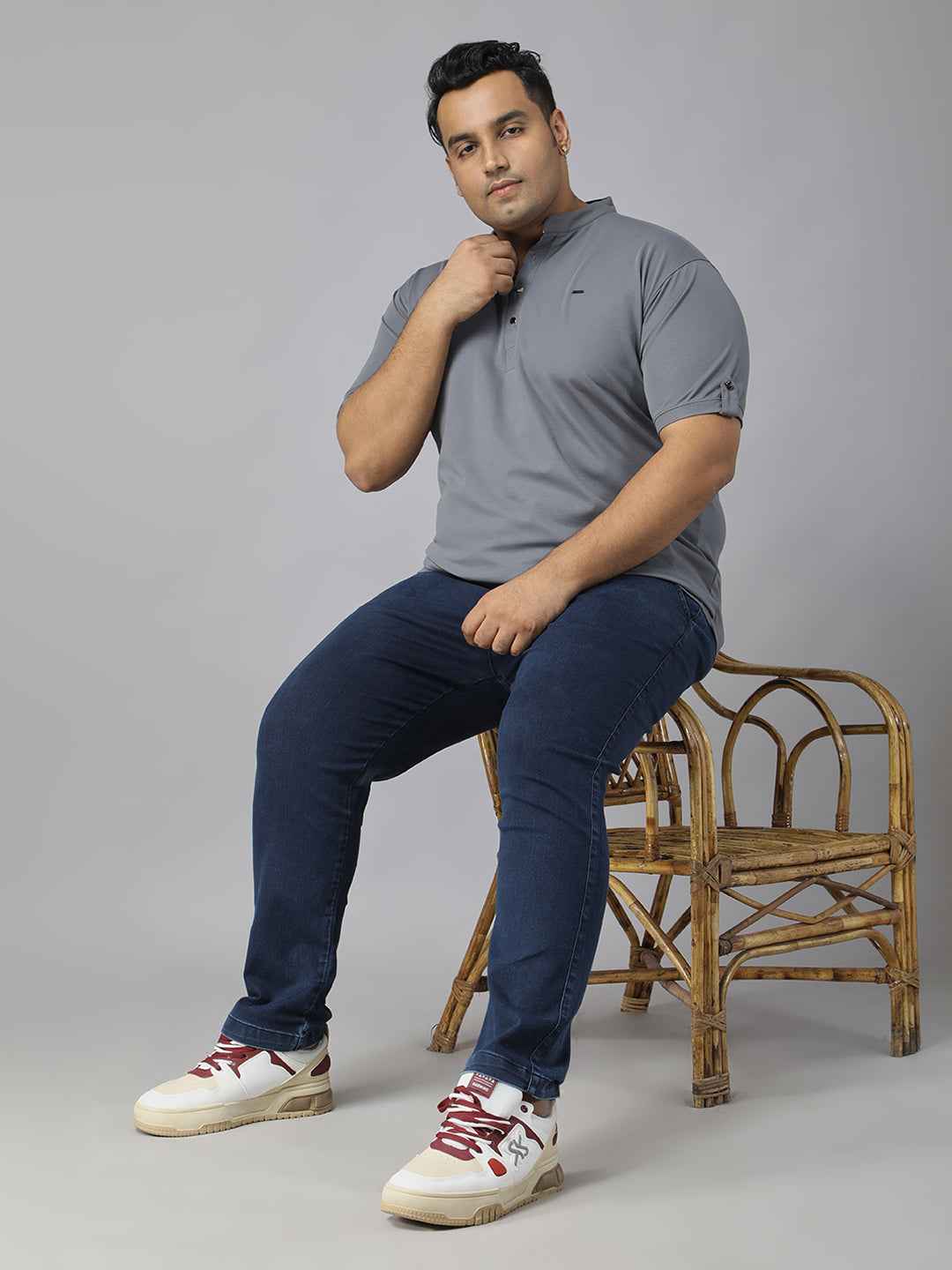 Men’s Plus Size Mandarin Collar T-Shirt with Sleeve Epaulettes & Button Placket