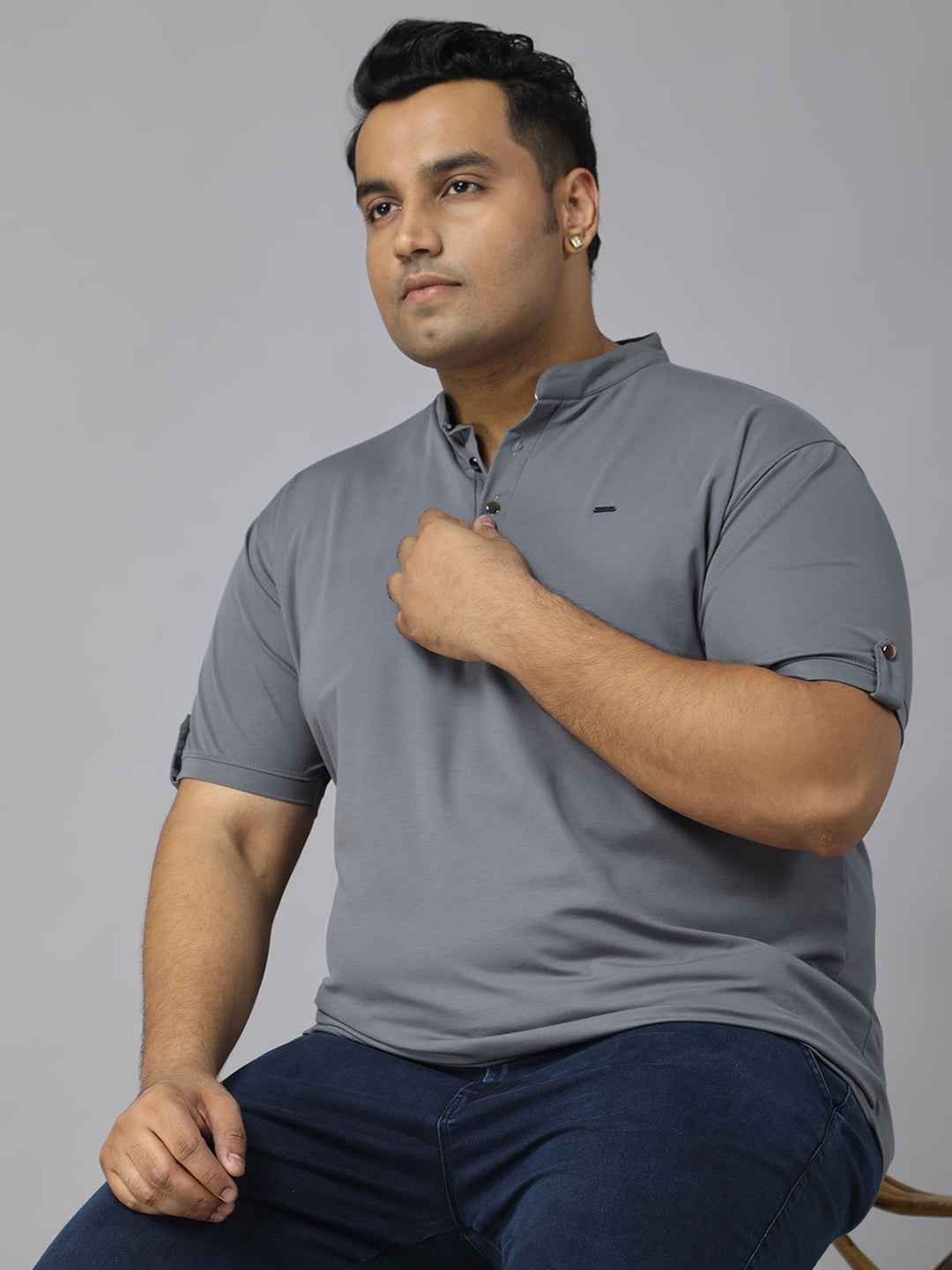 Men’s Plus Size Mandarin Collar T-Shirt with Sleeve Epaulettes & Button Placket