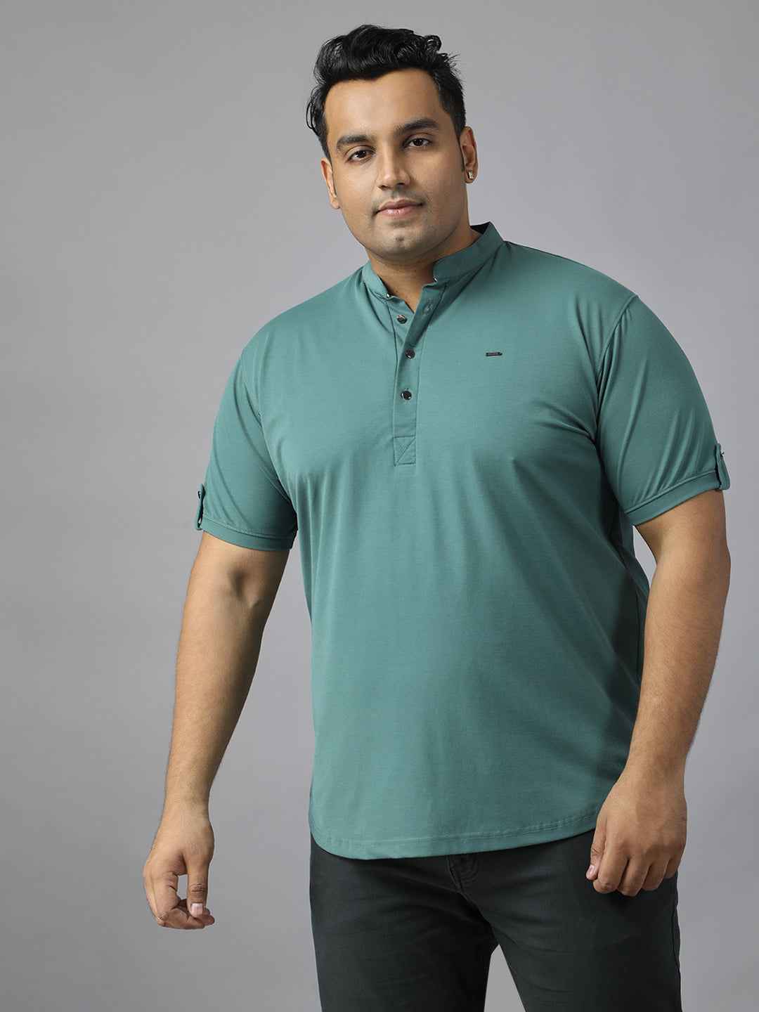 Men’s Plus Size Mandarin Collar T-Shirt with Sleeve Epaulettes & Button Placket