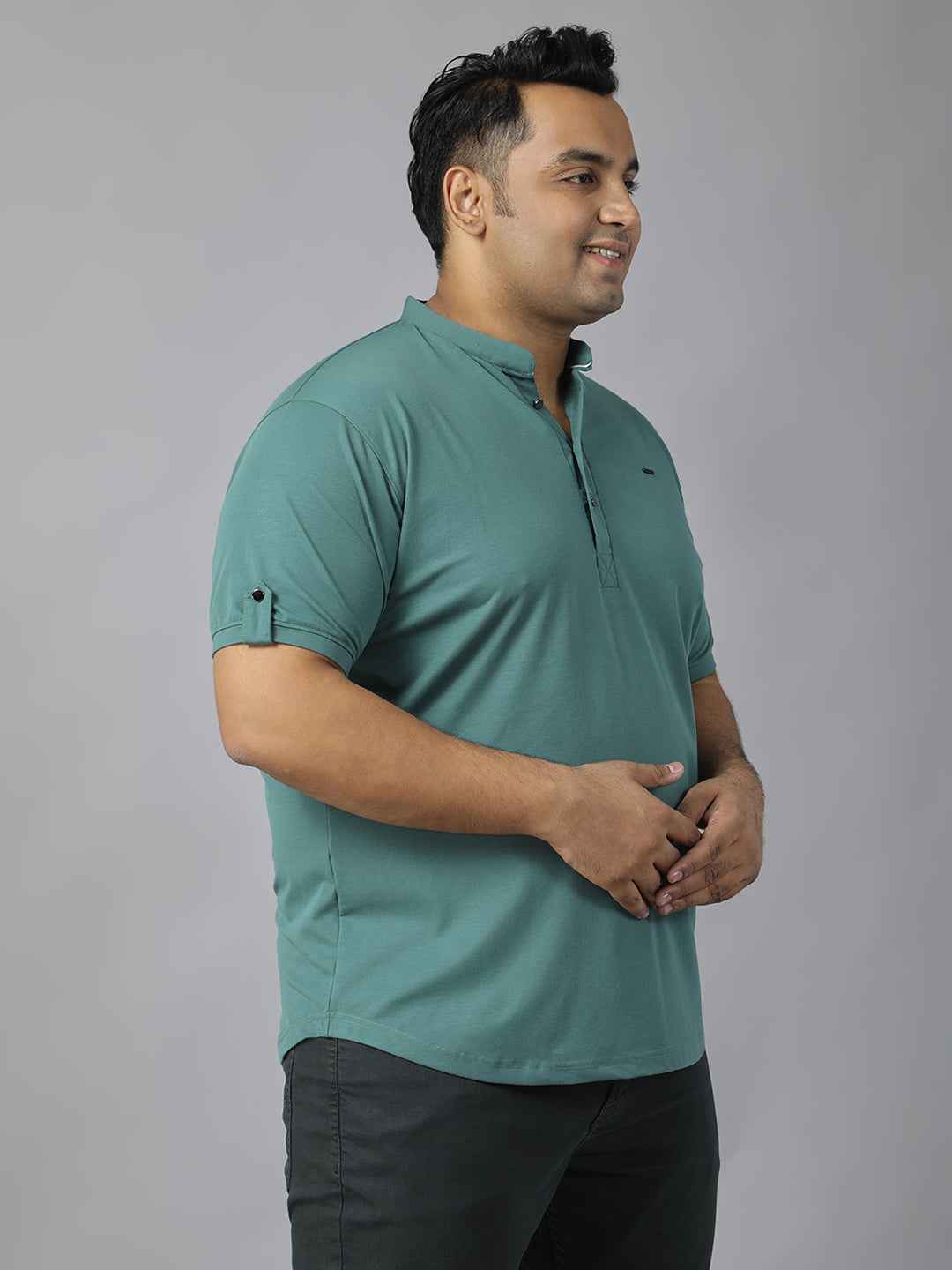 Men’s Plus Size Mandarin Collar T-Shirt with Sleeve Epaulettes & Button Placket