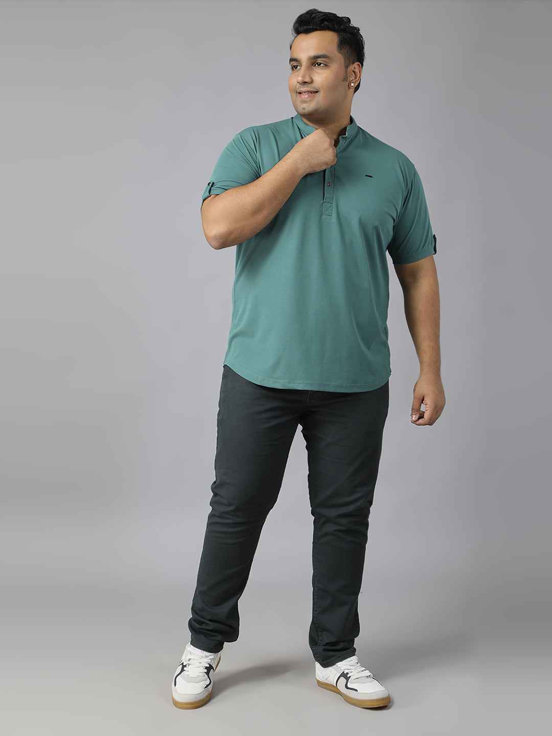Men’s Plus Size Mandarin Collar T-Shirt with Sleeve Epaulettes & Button Placket