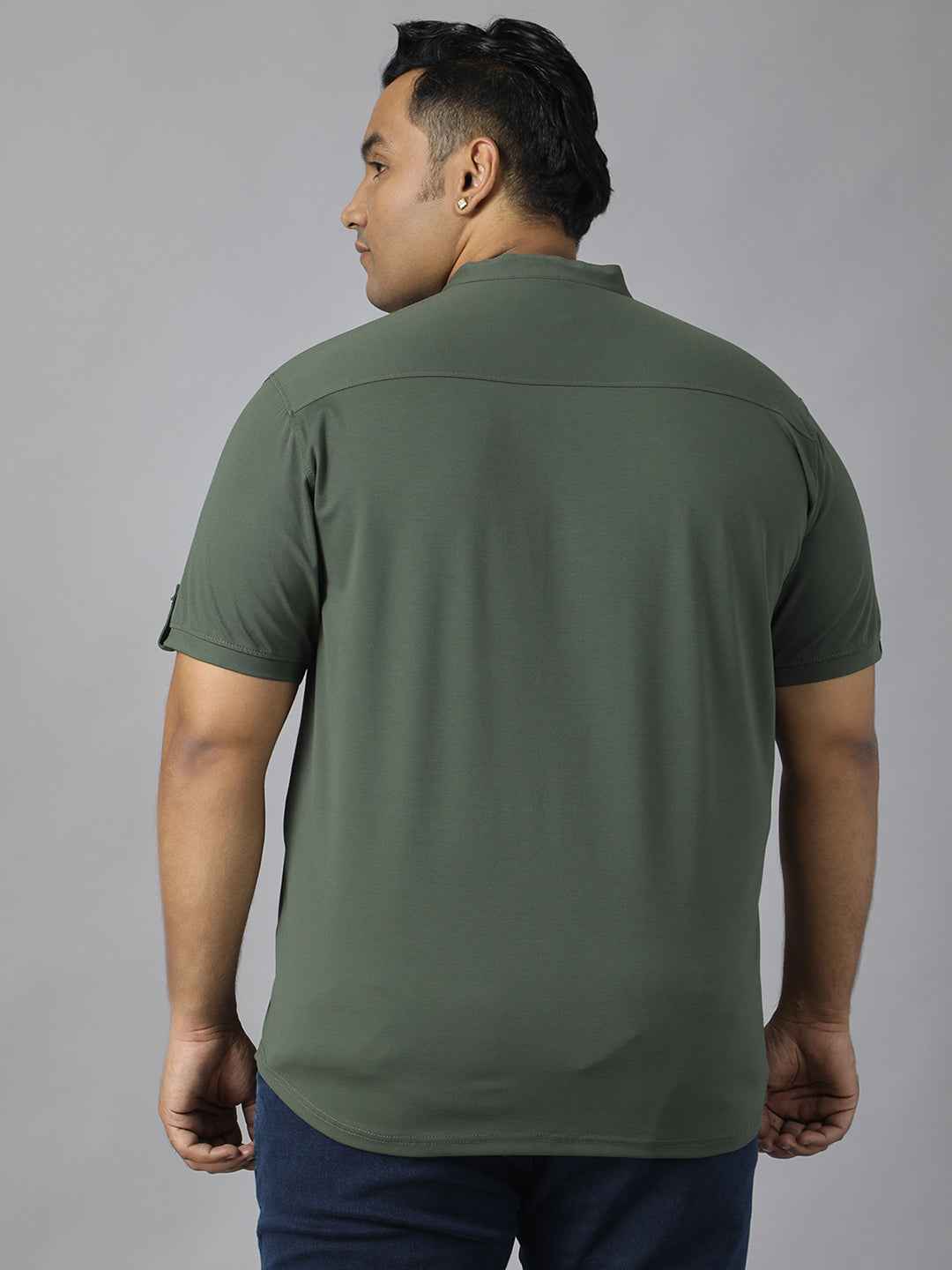 Men’s Plus Size Mandarin Collar T-Shirt with Sleeve Epaulettes & Button Placket