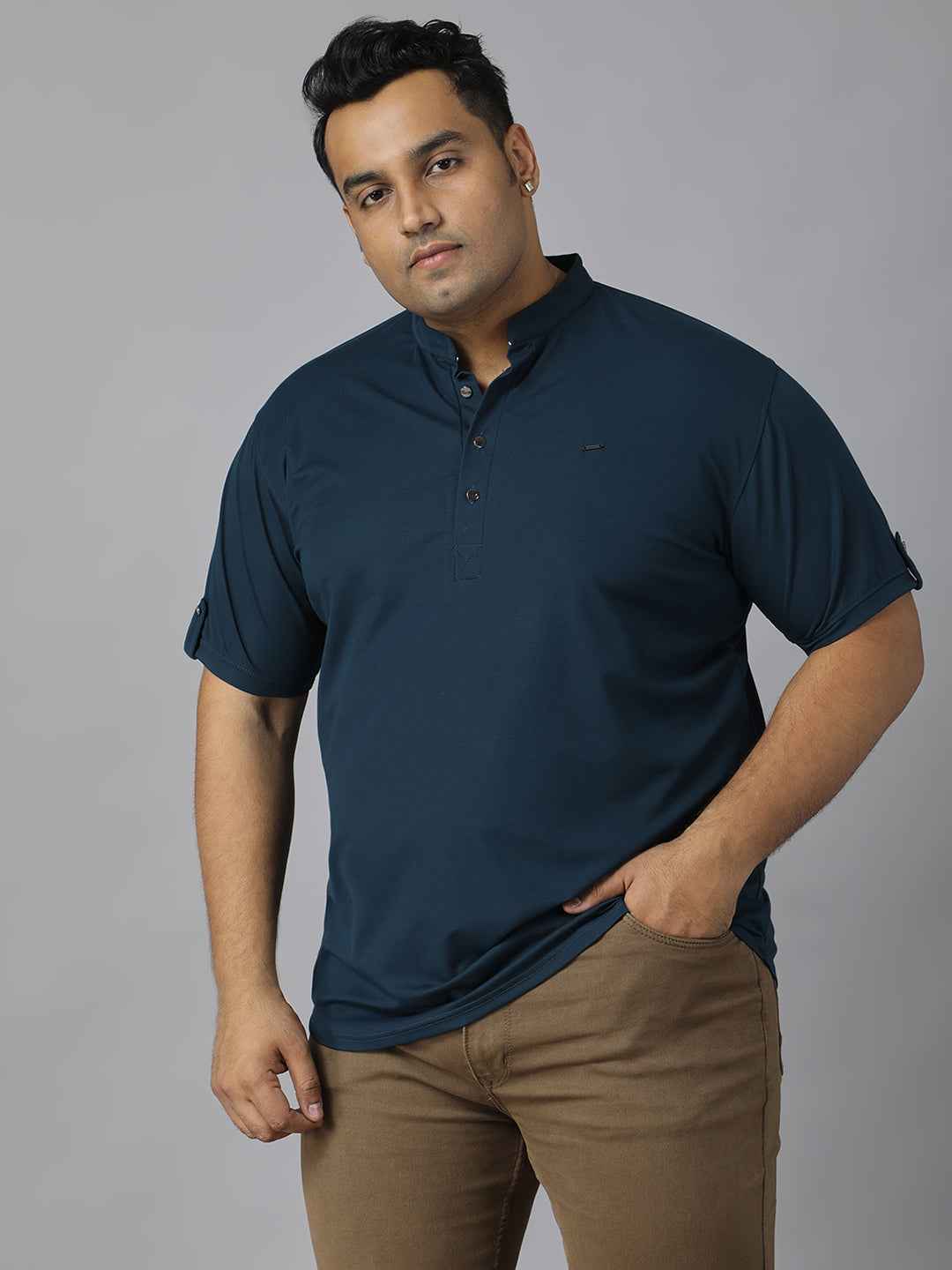Men’s Plus Size Mandarin Collar T-Shirt with Sleeve Epaulettes & Button Placket