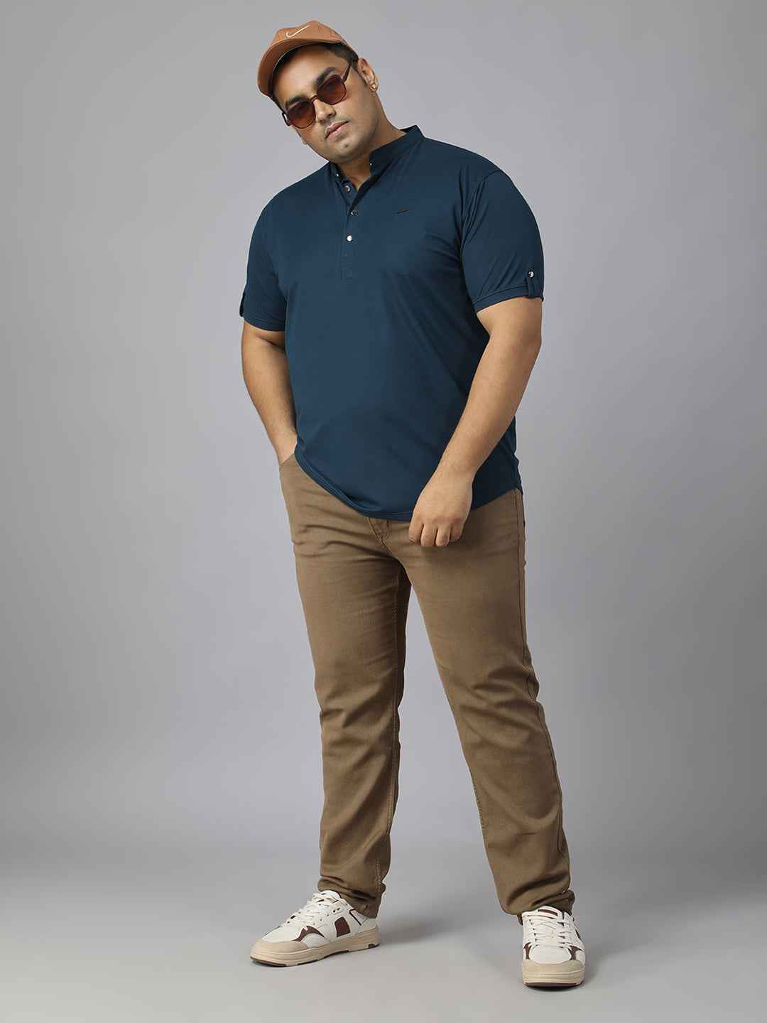 Men’s Plus Size Mandarin Collar T-Shirt with Sleeve Epaulettes & Button Placket