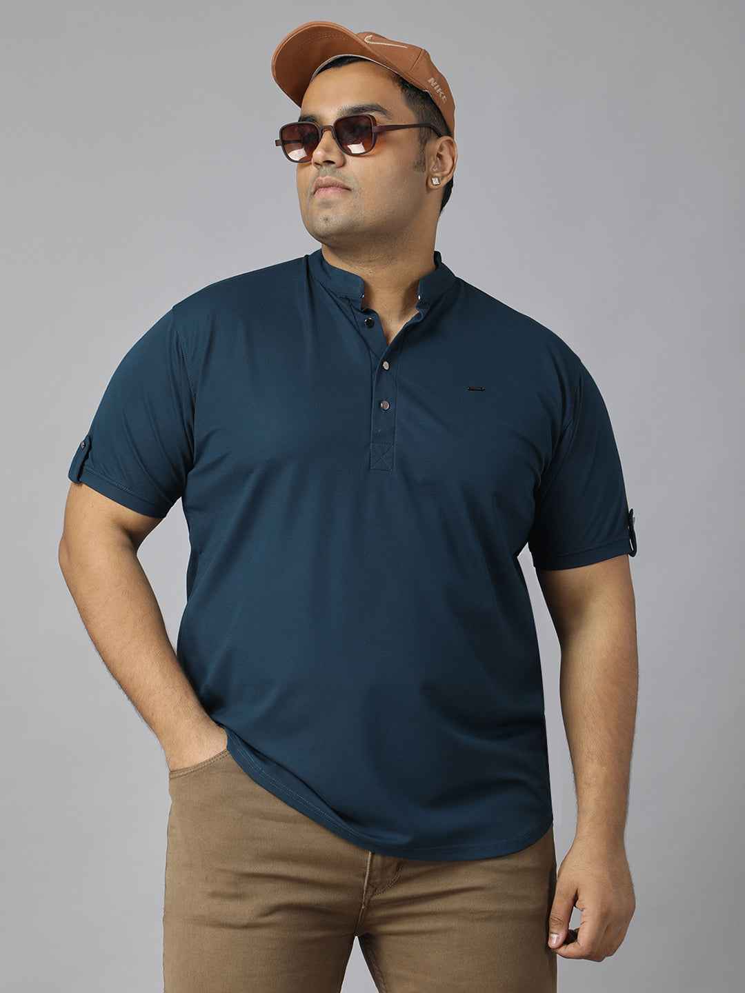Men’s Plus Size Mandarin Collar T-Shirt with Sleeve Epaulettes & Button Placket