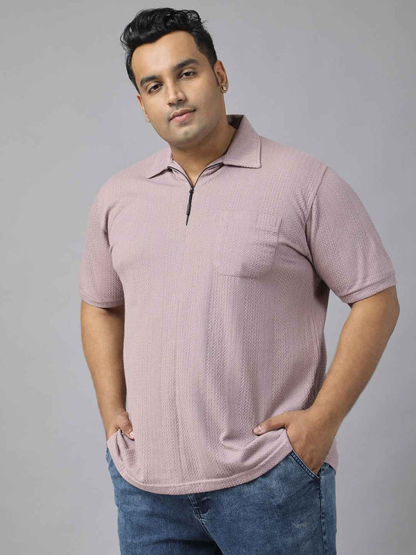 Men's Plus Size Textured Polo Neck Half Sleeve T-Shirt with Stylish Front Zip Neck and Functional Chest Pocket for Comfortable Everyday Wear
