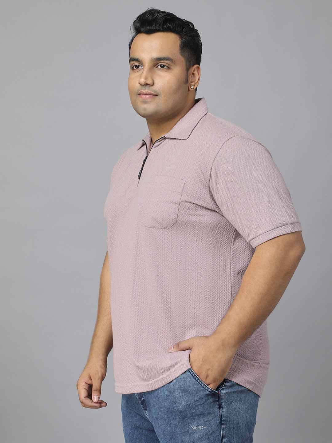Men's Plus Size Textured Polo Neck Half Sleeve T-Shirt with Stylish Front Zip Neck and Functional Chest Pocket for Comfortable Everyday Wear